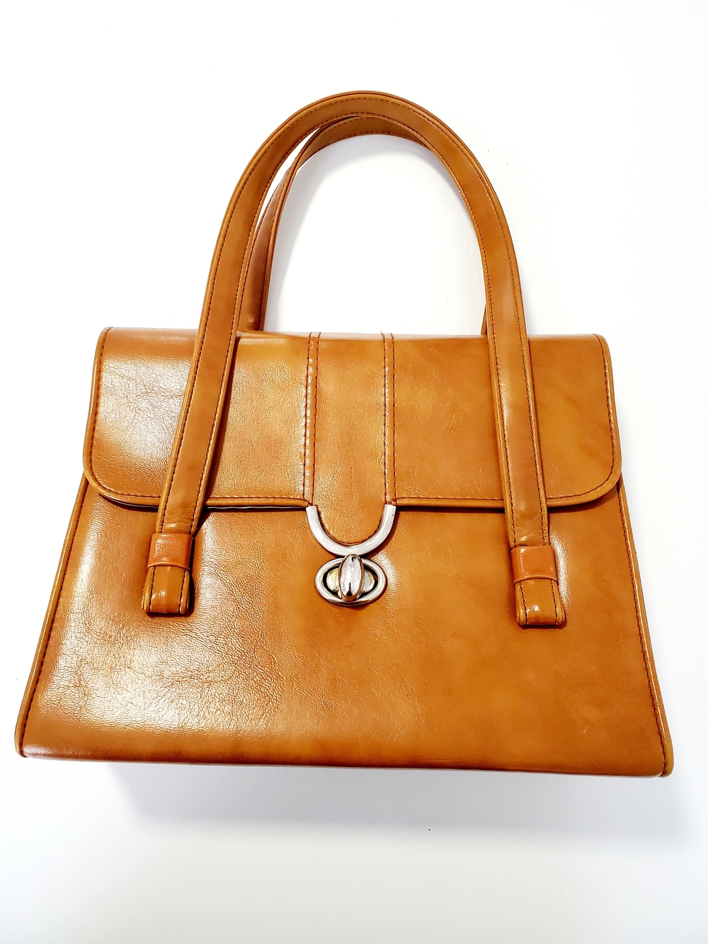Structured Tan Satchel with Turn-Lock Detail